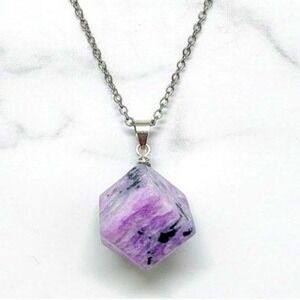 Crystal Cube Necklace Purple Charoite Stone Pendant‎ Silver Jewelry Women's